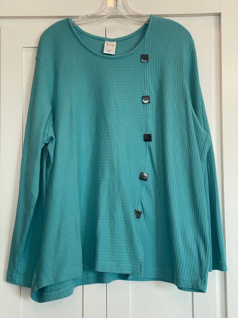 Blair Turquoise ribbed design long sleeve top button detail 3X